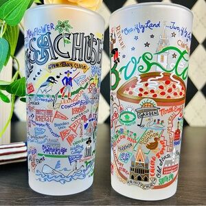 Pair Boston & Massachusetts Frosted Glasses 15oz Set of 2 Collectible Catstudio